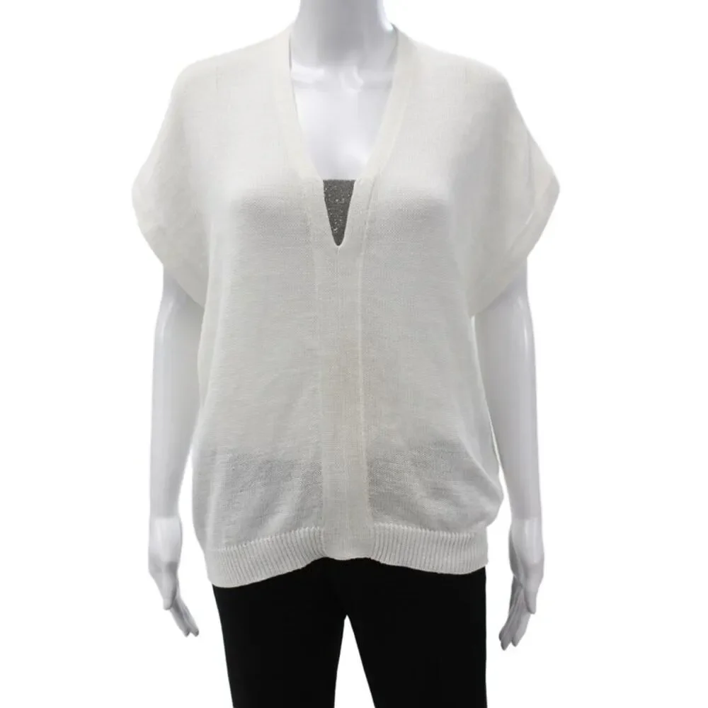 Brunello Cucinelli Womens White V-Neck Sleeveless Pullover Size S